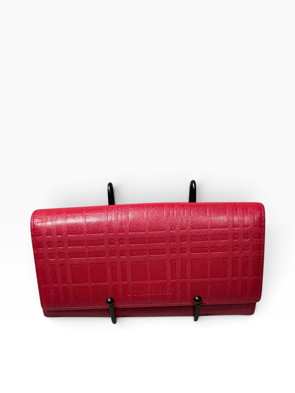 Burberry Embossed Check Saffiano Leather Frame Continental Flap Wallet Red